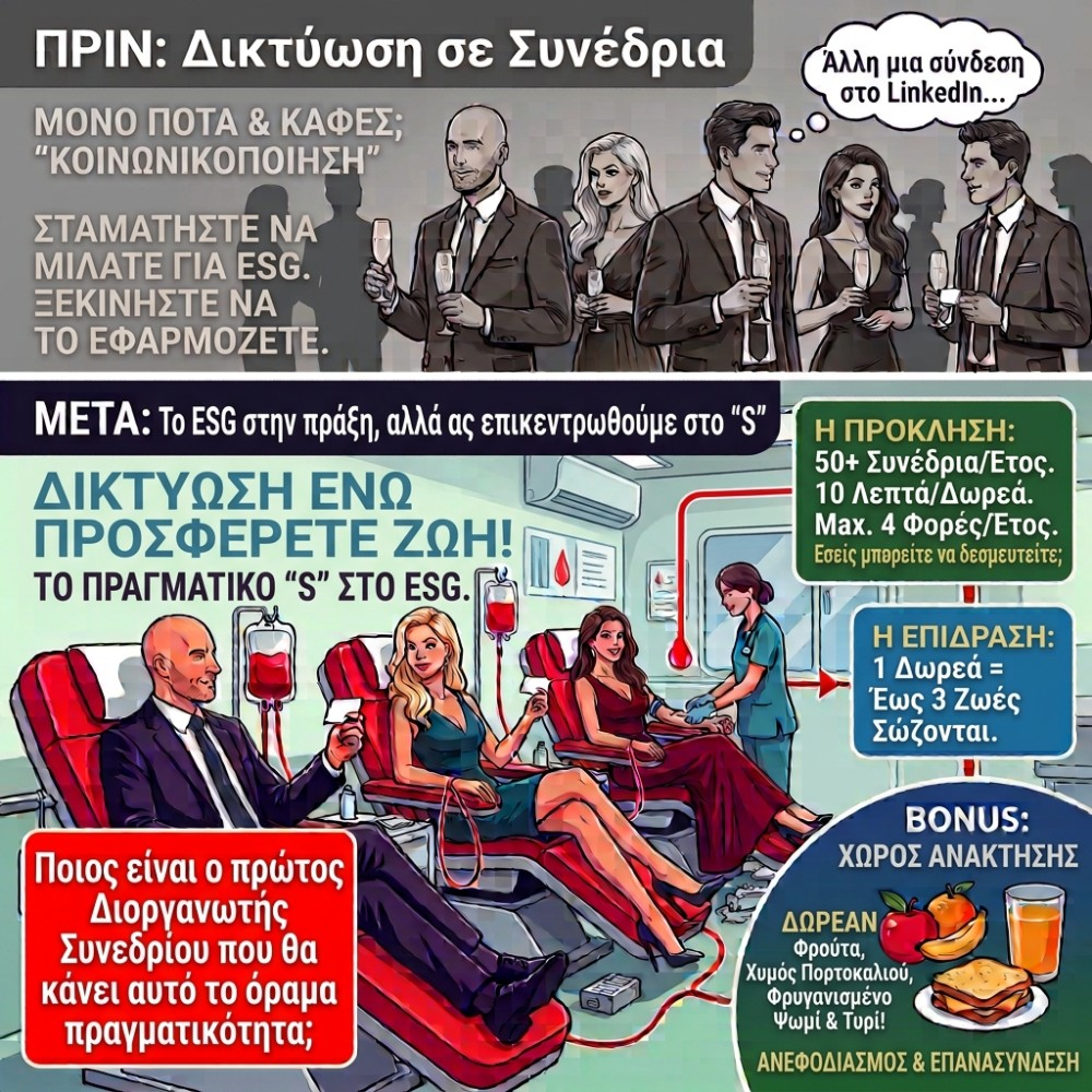 Infographic: πριν το συνέδριο — δίκτυωση με ποτά και κάρτες· μετά — αιμοδοσία ως το πραγματικό «S» του ESG